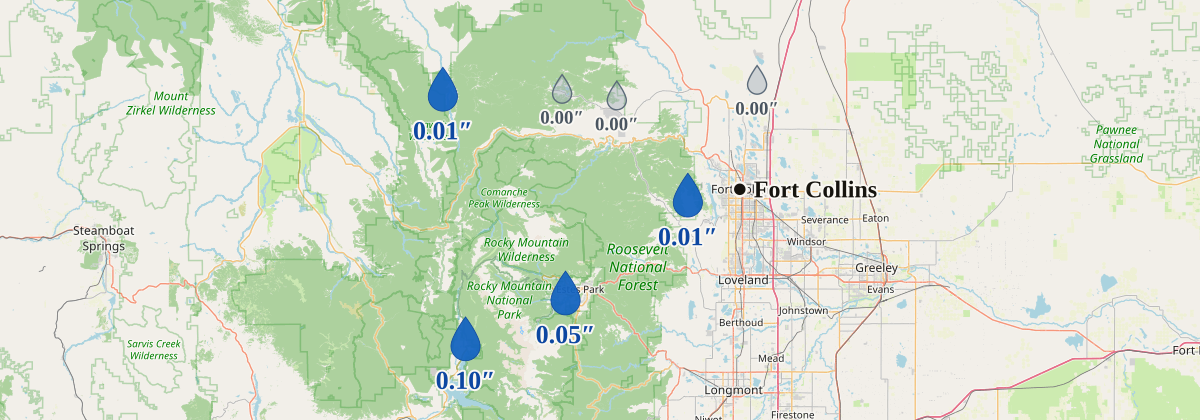 Map of Larimer-area rain gauges with 24-hour totals